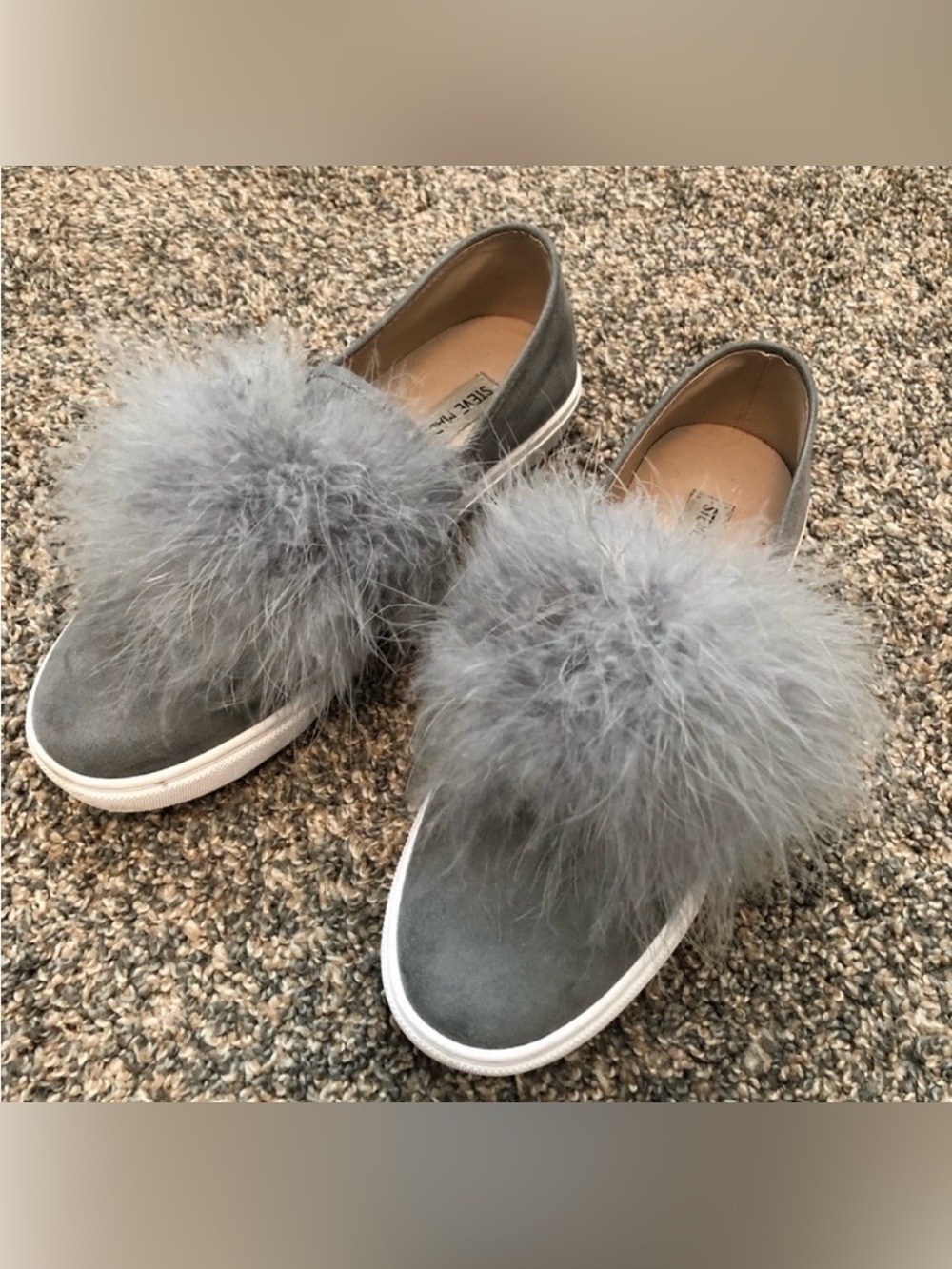 Steve Madden Emily Gray Suede Pom-Pom Slip-On Mules
